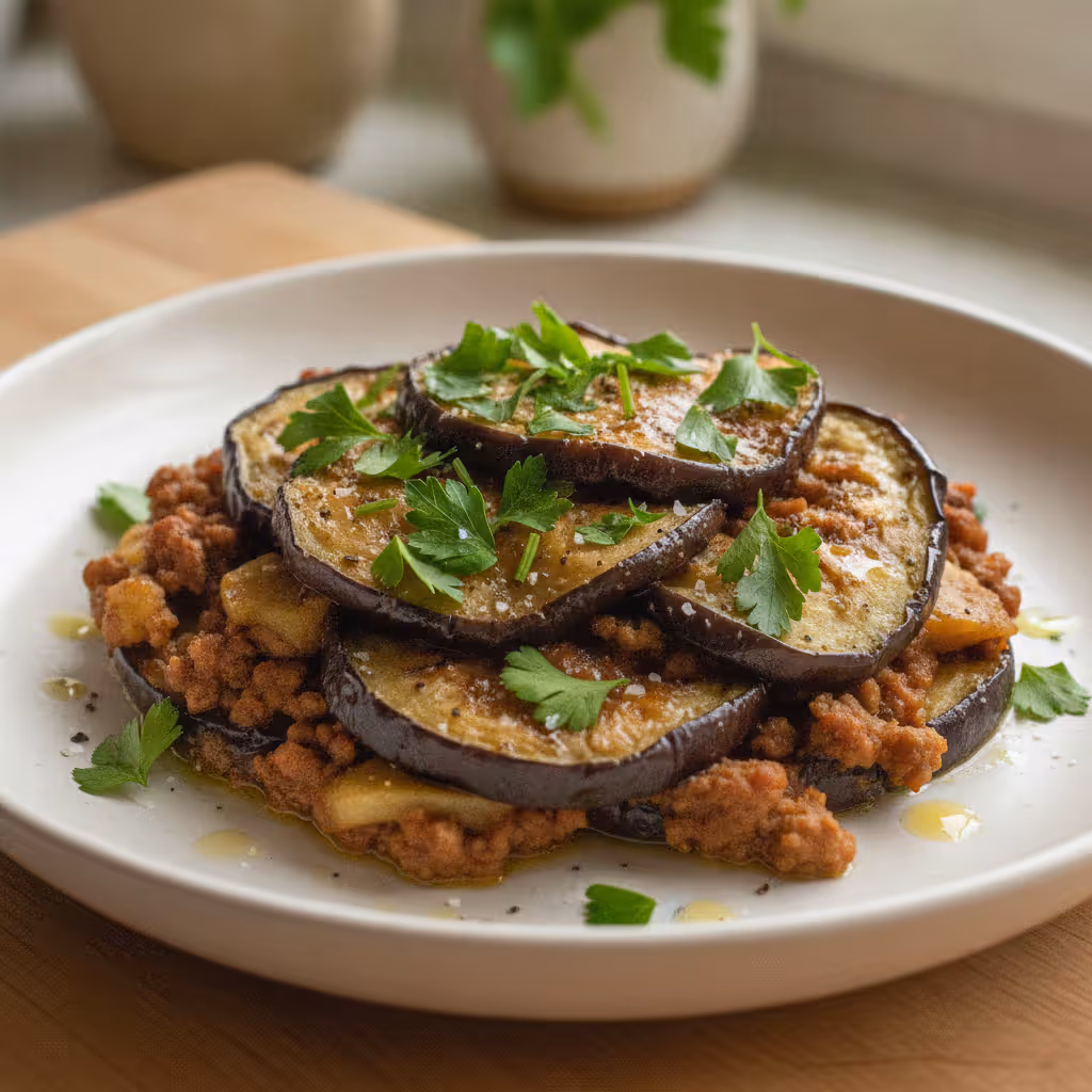 Aubergine and Beef Bake, ready to serve