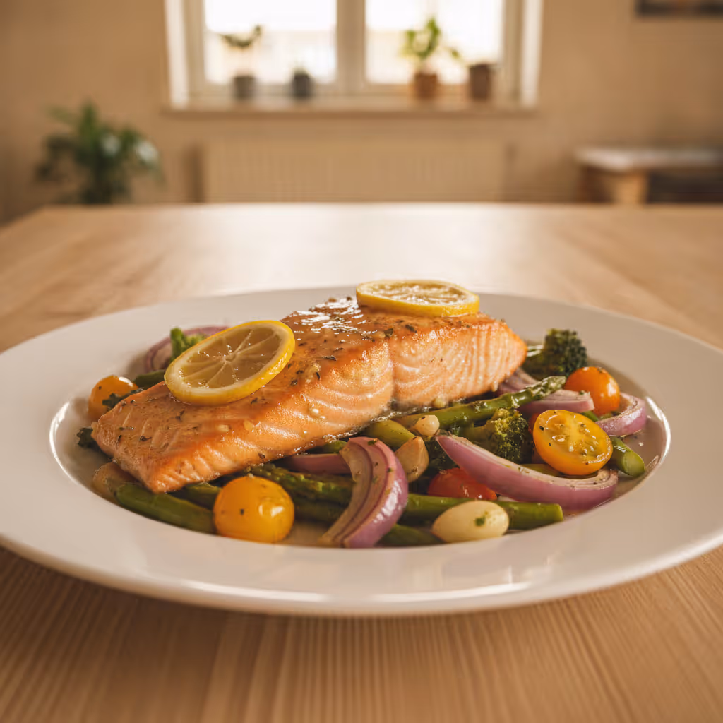 Baked Salmon on a Bed of Vegetables, ready to serve