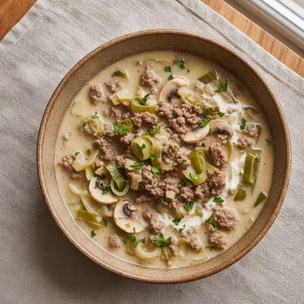 Creamy Leek Soup with Beef and Mushrooms