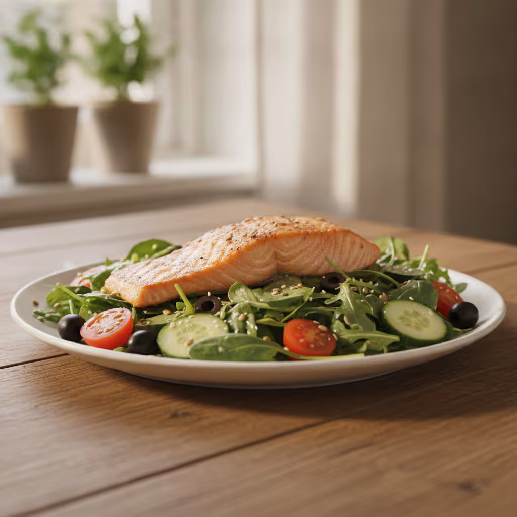 Pan-Fried Salmon on a Bed of Salad, ready to serve