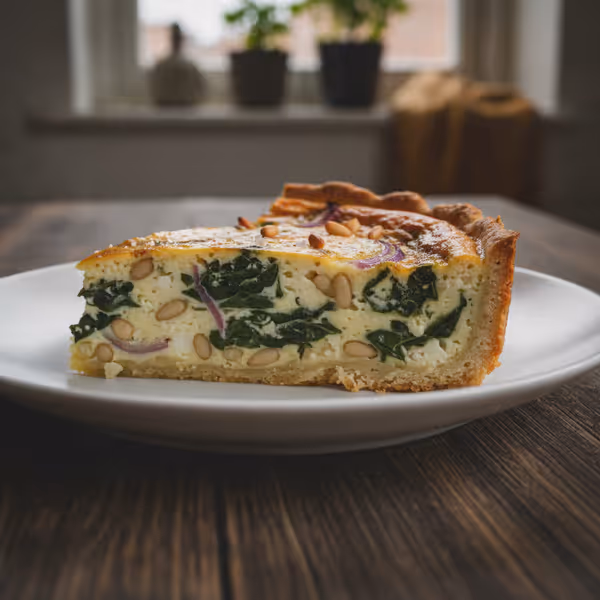 Low carb quiche se špenátem, fetou a piniovými oříšky