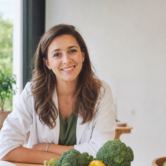 Nutrition coach in her bright practice with fresh vegetables