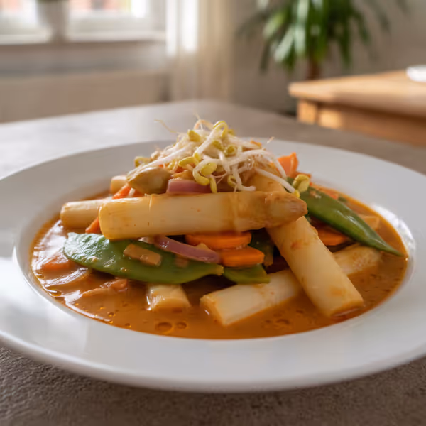 Vörös curry fehér spárgával és csirkével, tálalva