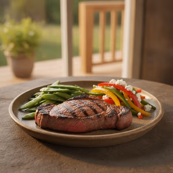 Bife de vaca grelhado com ervilhas-tortas e salada de pimentos
