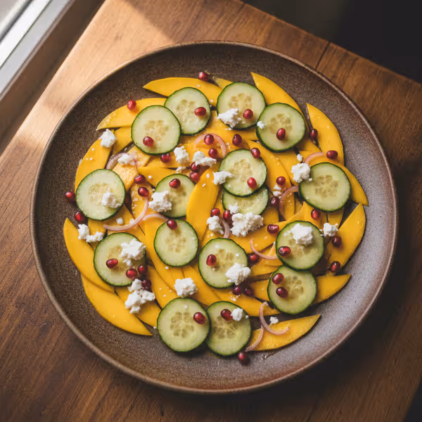 Carpaccio de manga e pepino com queijo de ovelha e sementes de romã