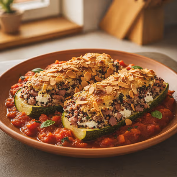 Courgettes gratinadas com recheio de quinoa e molho de tomate