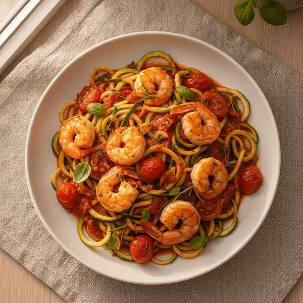 Esparguete de courgette com gambas e molho de tomate