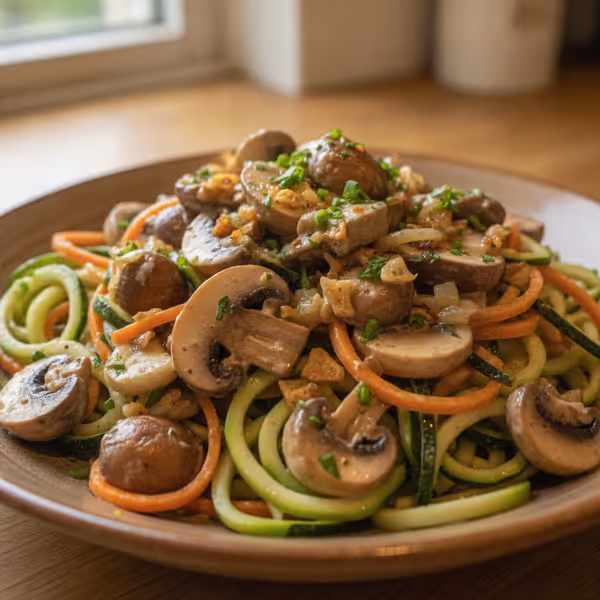 Esparguete de legumes com molho de cogumelos