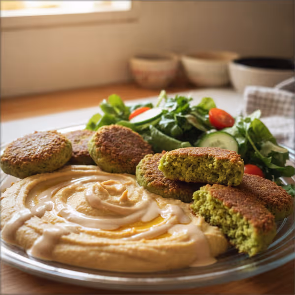Falafel com húmus, tahíni e salada