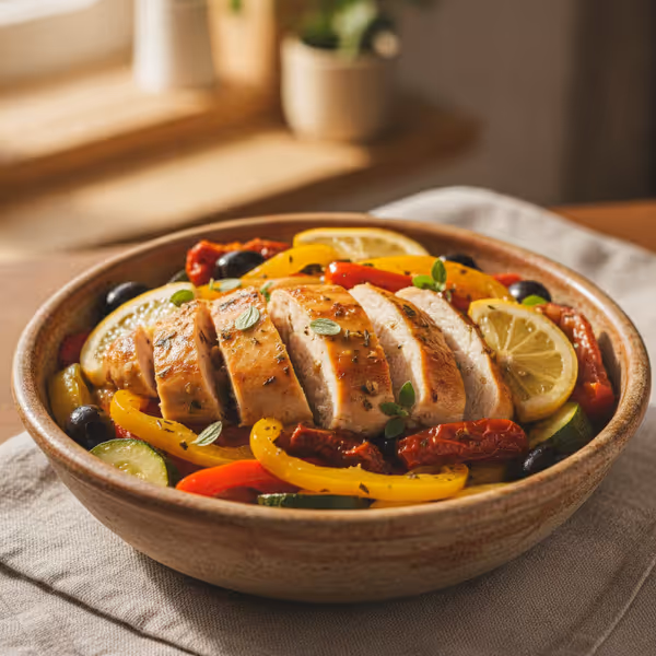 Frango com limão e legumes mediterrânicos