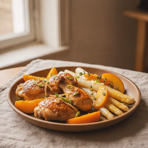 Frango de Soja e Gengibre com Espargos no Forno e Pêssego