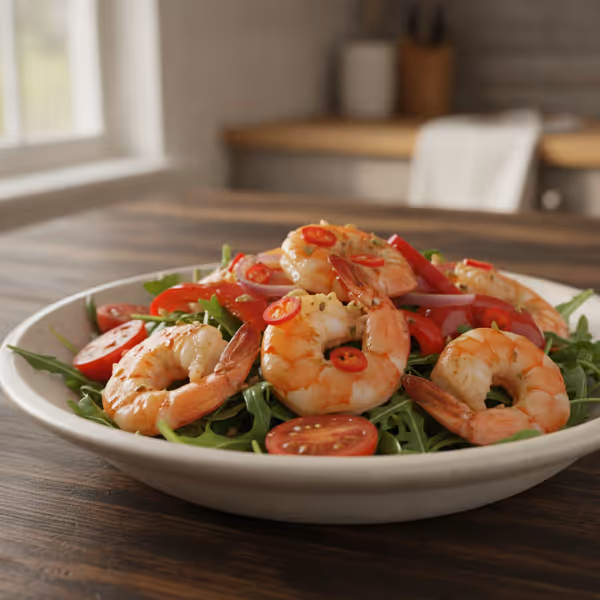 Gambas com Pimento e Tomate sobre Cama de Rúcula