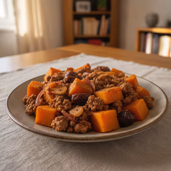 Gratinado de abóbora e carne picada com tâmaras e um toque de canela