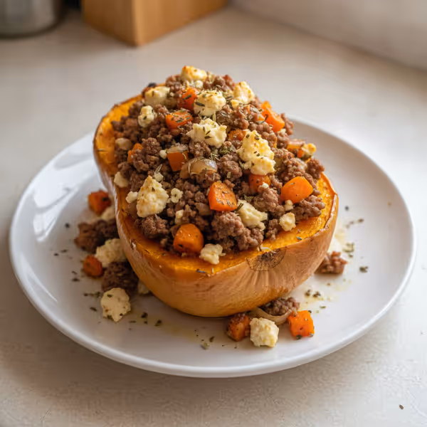 Kumpir de abóbora com recheio de carne picada, feta e legumes