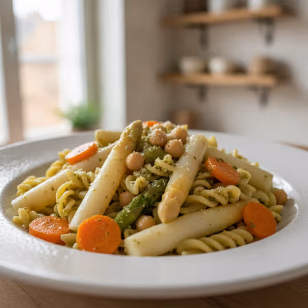 Pesto de manjericão e grão-de-bico com espargos e esparguete de cenoura