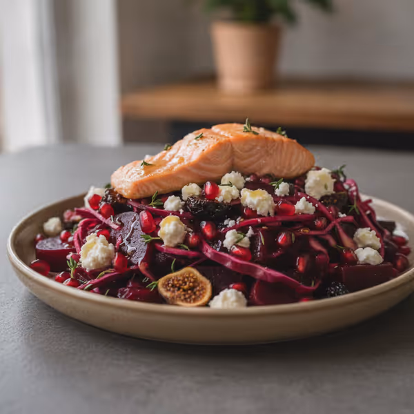 Salada de couve-roxa e beterraba com feta e salmão no forno