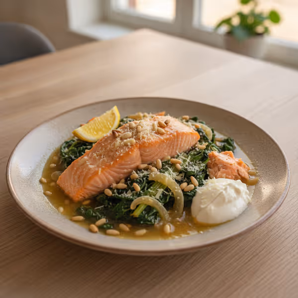 Salteado de acelga com salmão, pinhões e parmesão
