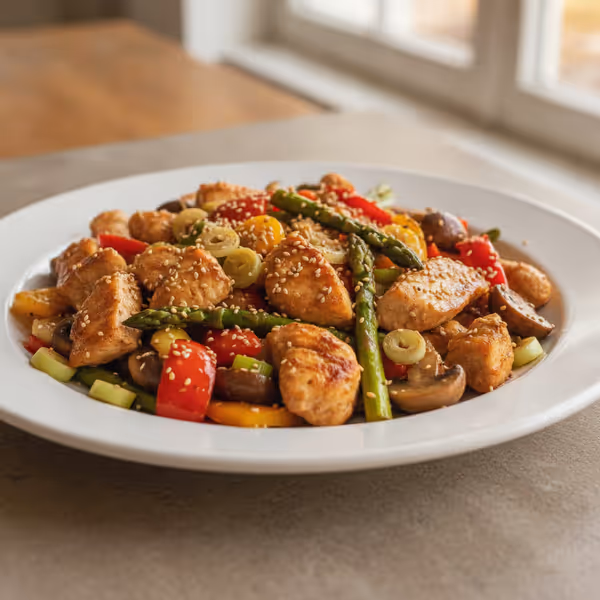 Salteado de legumes com frango e molho de sésamo