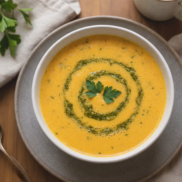 Sopa aveludada de cenoura com pesto de salsa