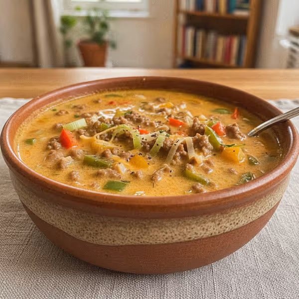 Sopa de carne picada, alho-francês, pimento e queijo